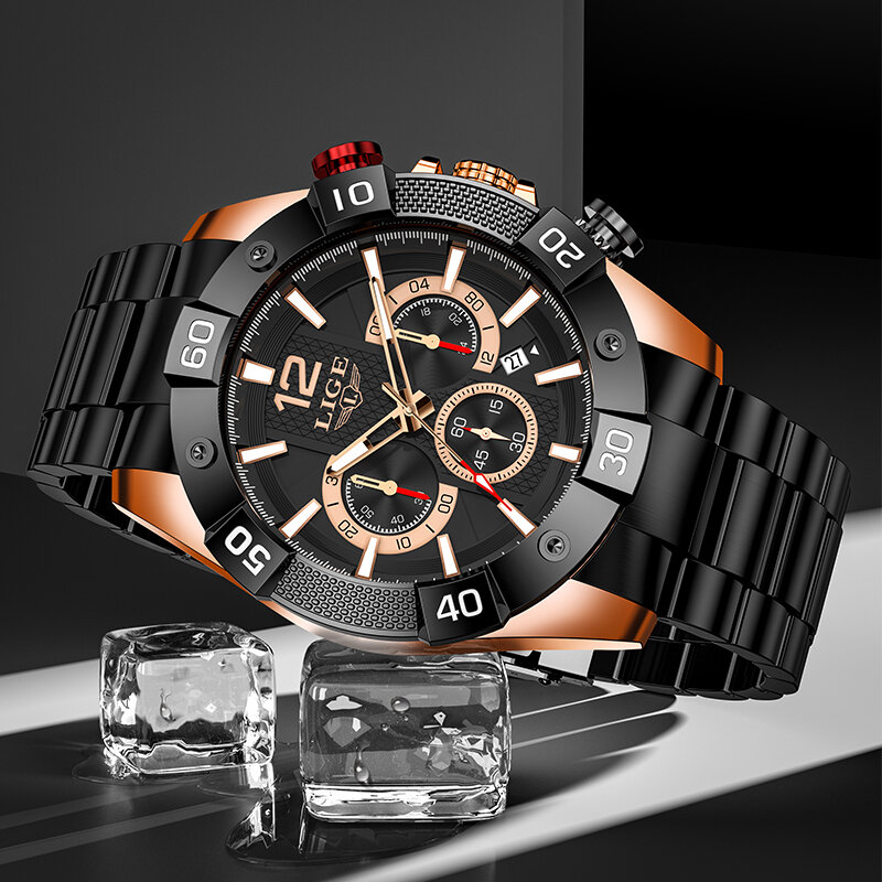 Часы LIGE мужские с большим циферблатом, деловые водонепроницаемые люксовые наручные, с браслетом из нержавеющей стали, с датой
