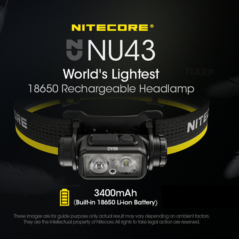 NITECORE NU43 충전식 헤드램프, 화이트 및 레드 라이트 랜턴, 야외 캠핑 헤드라이트 손전등, 내장 3400mAh 배터리