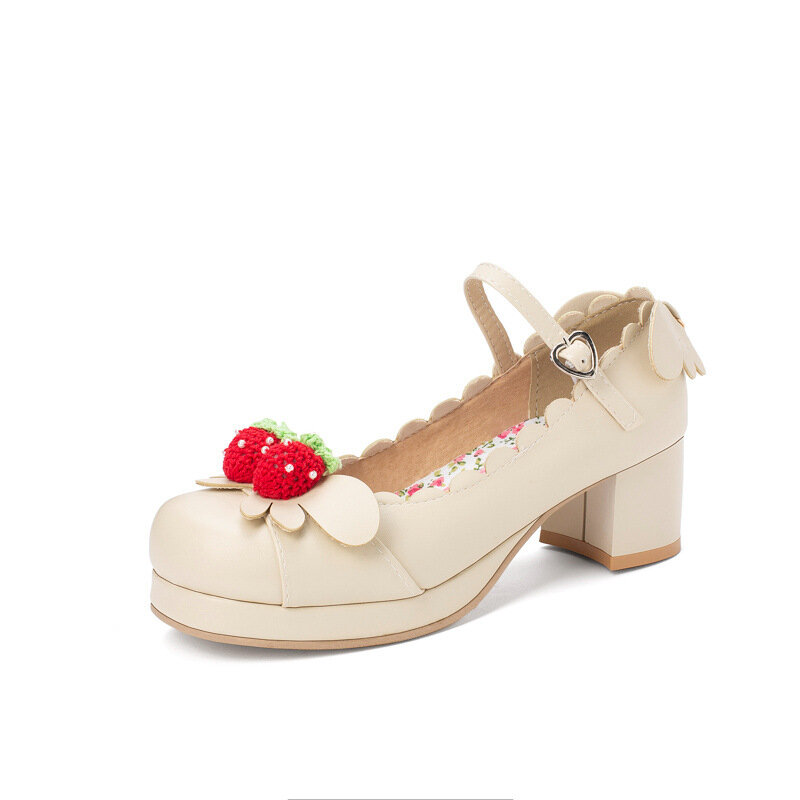 Women Platform Pumps Girls Mary Jane Lolita Shoes Strawberry Bow High Heels Princess Japan Cosplay Wedding Party Shoes 30-43