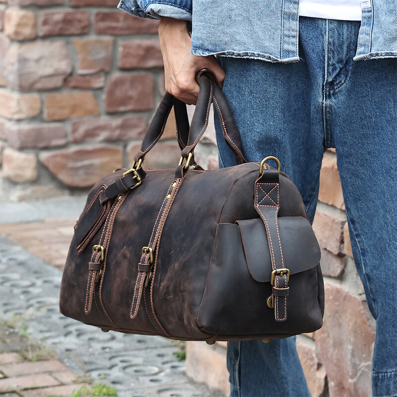 Tas koper kapasitas besar, tas koper kapasitas besar, tas selempang, tas tangan retro kulit asli, tas traveling untuk pria