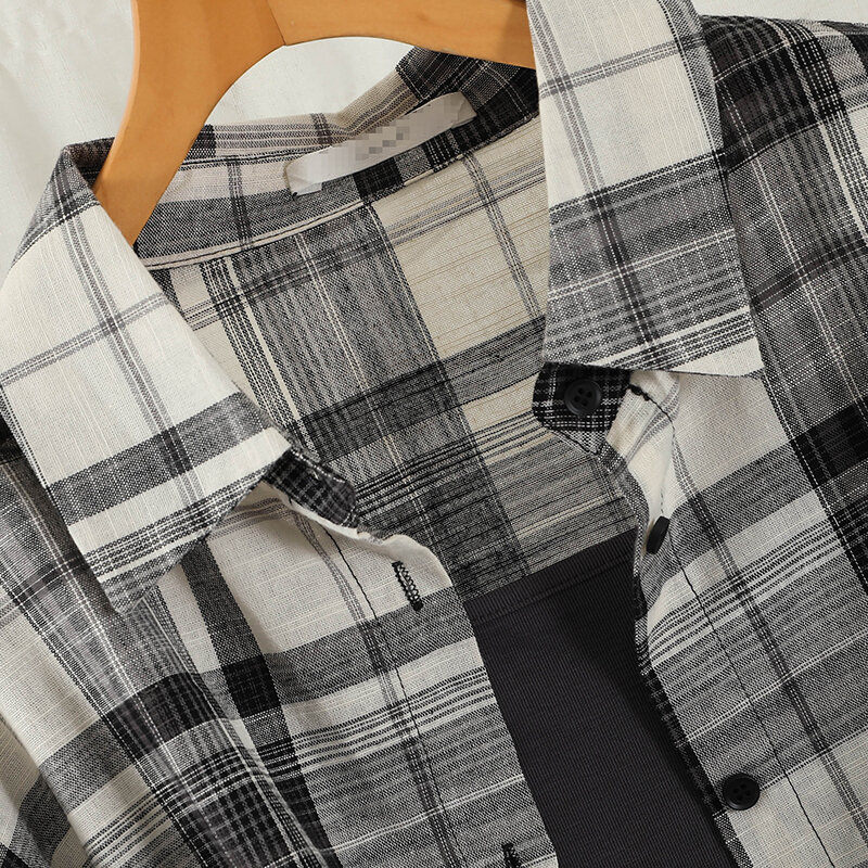Conjunto de dos piezas de camisa de manga larga a cuadros y vestido de tirantes para mujer, abrigo con cuello vuelto, traje informal sin mangas dividido 2021