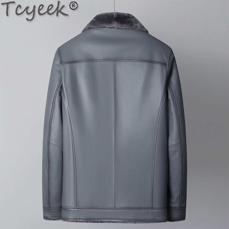 Tcyeek-casaco de pele natural masculino, jaqueta de couro genuíno, casacos de pele de carneiro reais quentes, gola de terno, inverno, 2023