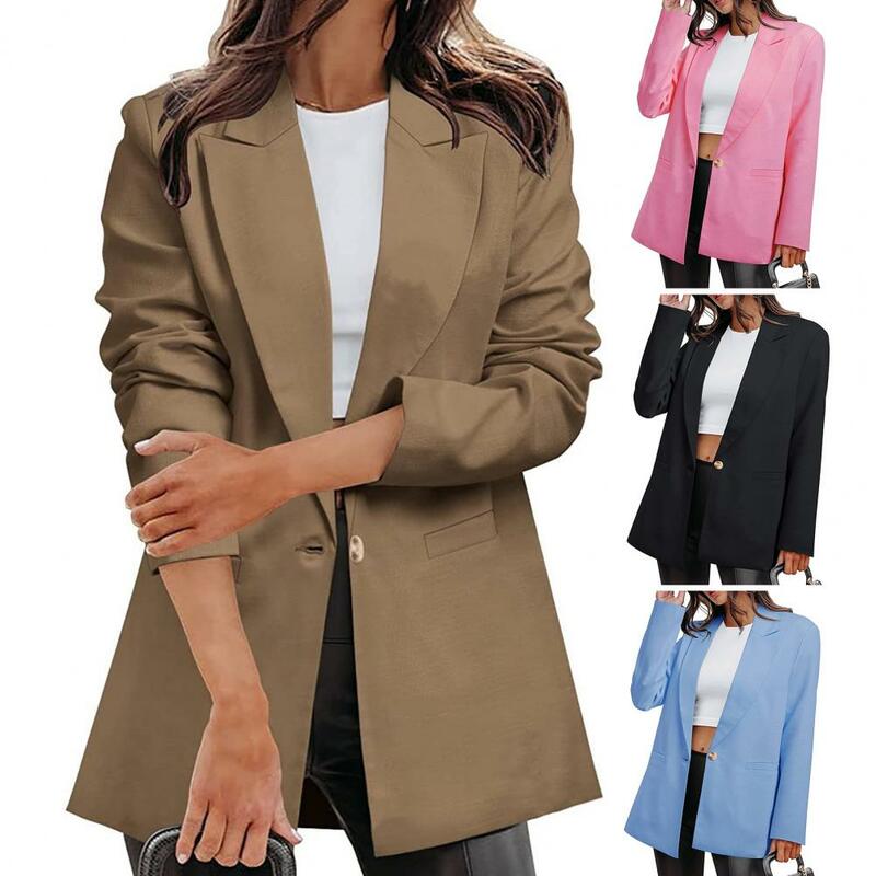 여성용 사무실 블레이저, 긴 소매 포켓, 싱글 버튼, 가을/겨울용 단색 옷깃 기질 정장 재킷, 코트, 작업복
