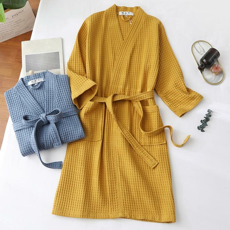 Unisex Nightgown V Neck Lace-up Waist Loose Long Sleeve Pockets Solid Color Sleepwear Spring Towel Bathrobe Shower Gown Pajamas