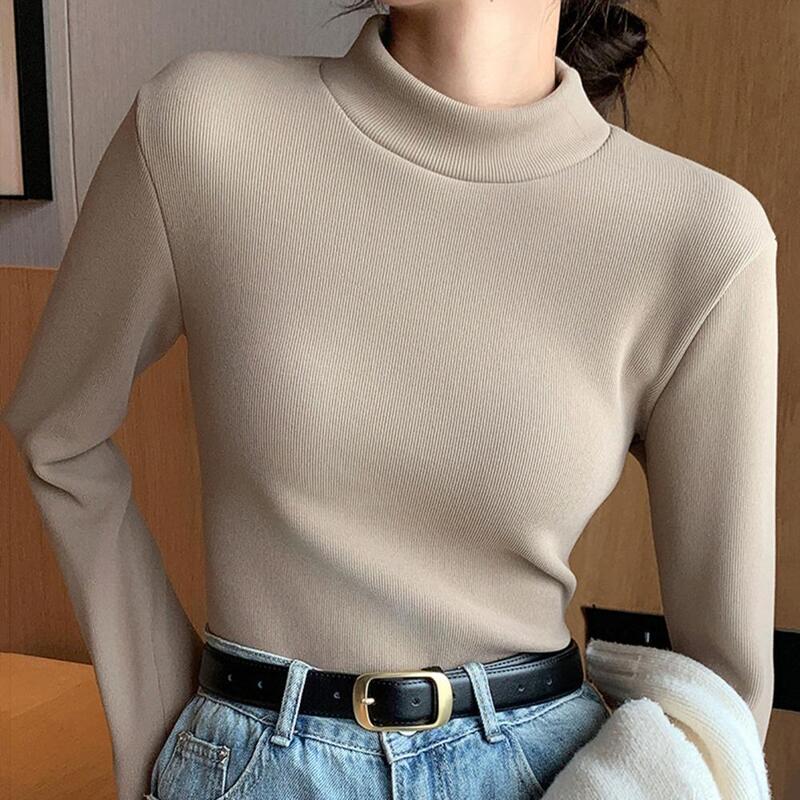 Half-high Collar Women Top Elegant Thicken Velvet Lined Winter Sweater Slim Fit Knitwear Jumper with Half High Collar Stay Warm