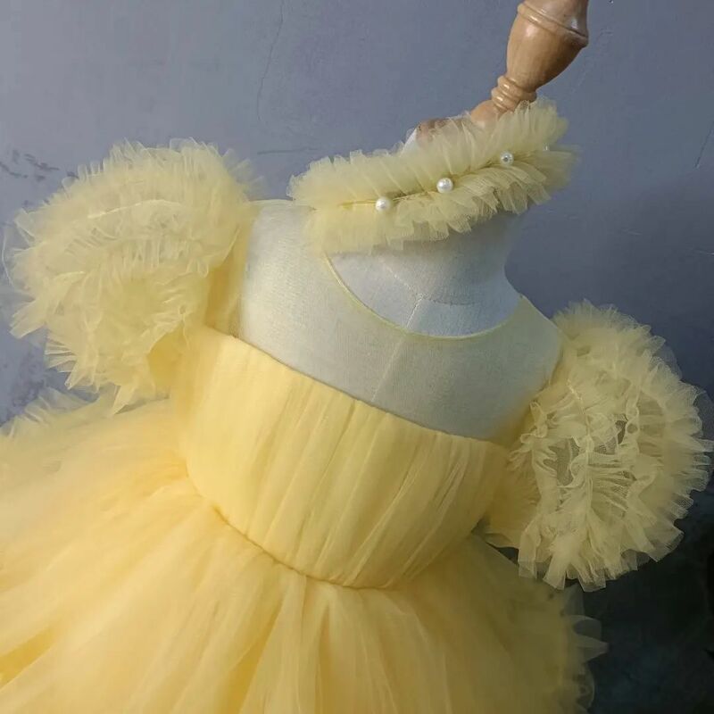 Vestido amarelo Puffy Tulle Flower Girl, vestido de baile em camadas, pescoço completo, apto para casamento, festa de aniversário, criança, bebê, crianças