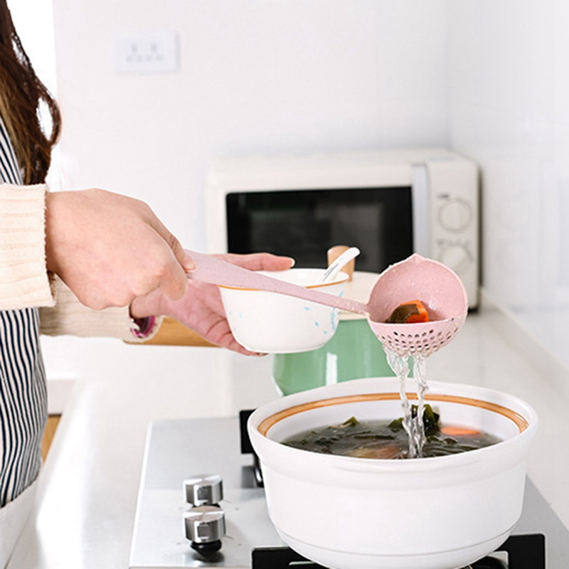 Penjualan terlaris 2 in 1 sendok sup pegangan panjang saringan rumah saringan memasak sendok plastik sendok peralatan makan