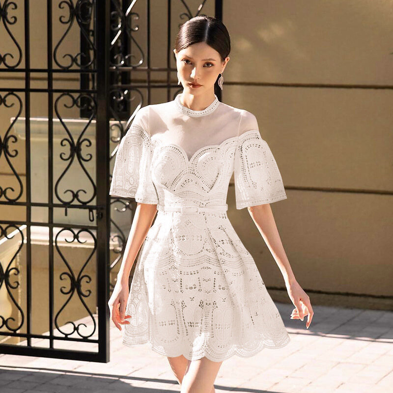 Gaun Renda Baru Musim Panas Rok Pendek Pelangsing Pinggang Tekstur Renda Bordir Gaun Jaring Leher Bulat Pakaian Wanita Prancis