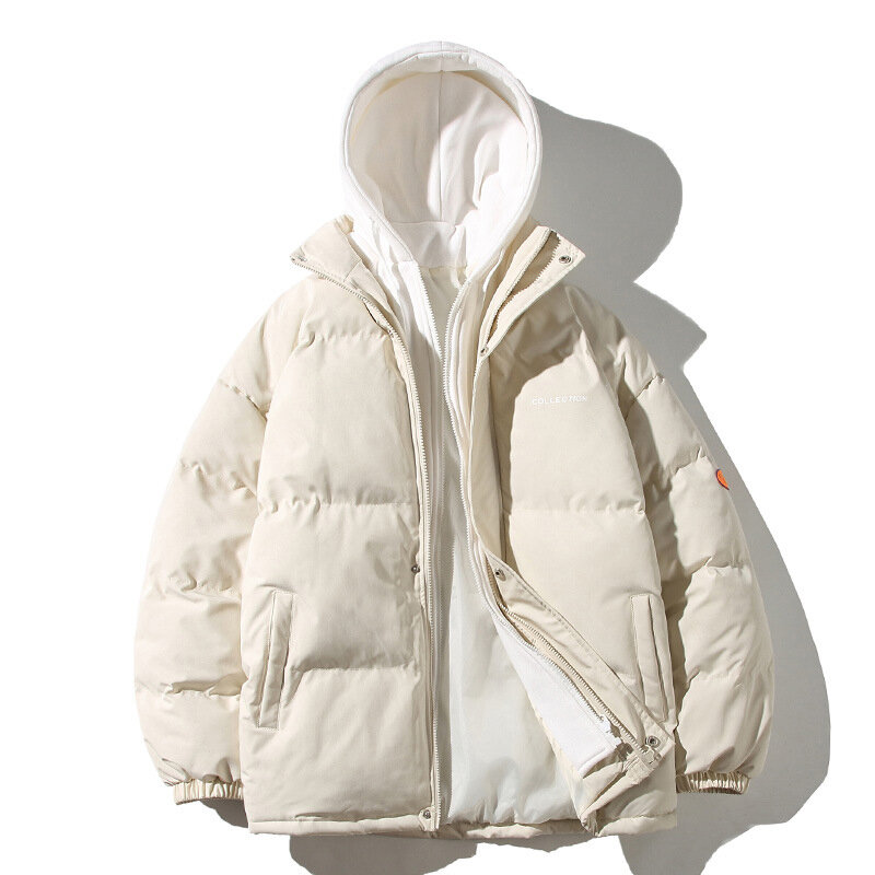 Mantel katun kasual pria dan wanita, pakaian palsu dua longgar dan tebal untuk musim dingin 2024
