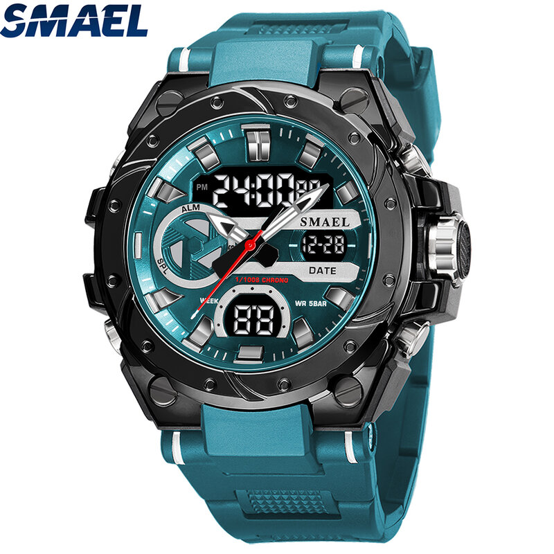 Smael-メンズスポーツウォッチ,腕時計,耐水性,多機能,50mストップウォッチ,LED 8029