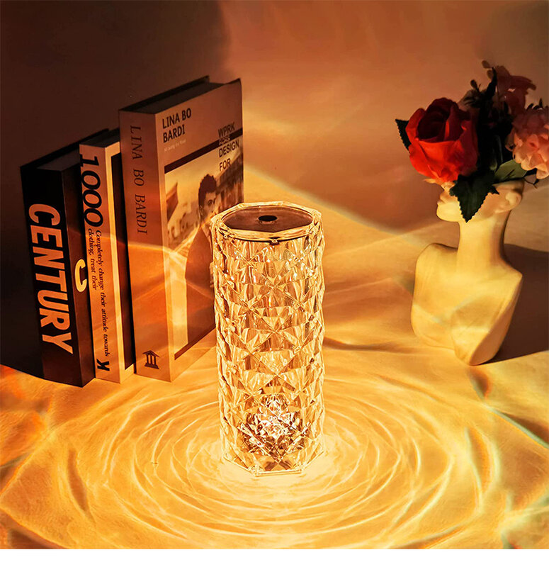 Lámpara LED de mesa de cristal, proyector de luz Rosa táctil, luz de ambiente de diamante romántico, USB, 3/16 colores, luz nocturna para dormitorio