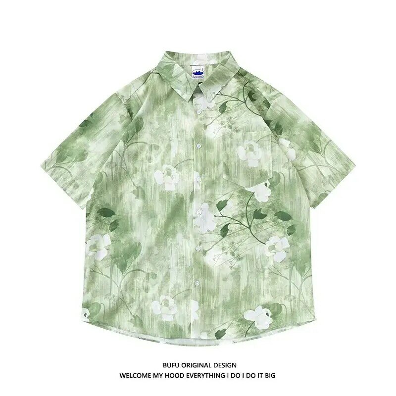 얇은 속건성 꽃 기하학 프린트 2023 하와이안 셔츠, 반팔 편안한 남성 의류, 하라주쿠 여름 남성 셔츠