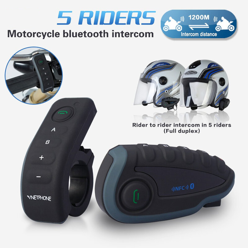 Oreillette Bluetooth pour moto, appareil de communication de 1200 mètres, Intercom pour casque, NFC, télécommande, Duplex complet + FM