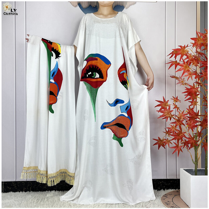 2024New Abaya allentato manica corta African Dashiki Pattern stampa morbido cotone donna elegante Maxi Islam Lady Dress con grande sciarpa