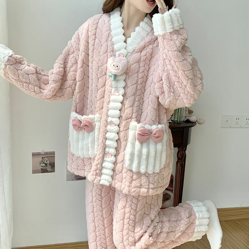 Sleepwear Women Autumn Winter Warm Pajamas Sets Long Sleeve Button Cardigan Loungewear Sets Kawaii Clothes Korean Loose Pajamas