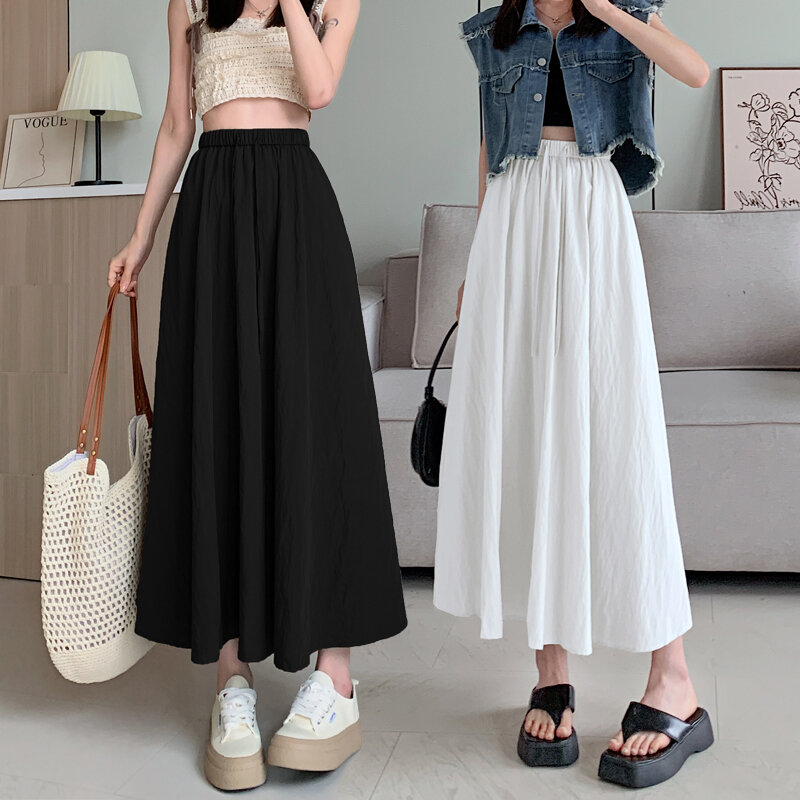 Real Photos Midi Skirt Women 2024 Summer Casual Solid A Line High Elastic Waist Mid-calf Length Skirt With Linning