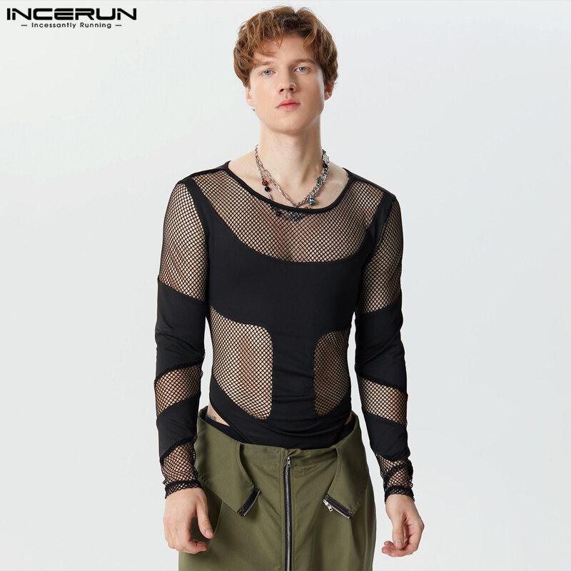 Incerun-Macacão de malha ver-através dos homens, Bodysuits triângulo emendado, confortável fino macacões de manga comprida, moda sexy, S-3XL, 2022