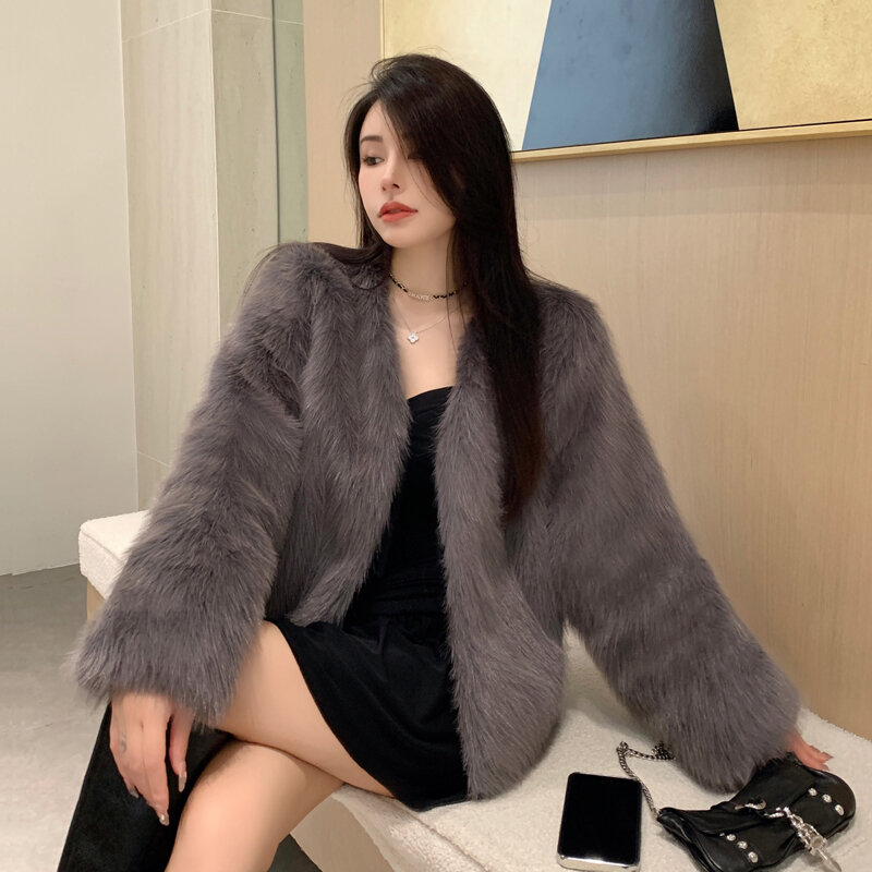 Зимнее новое пальто из искусственного меха, кардиган с длинными рукавами, дизайнерская корейская мода, женская модель, v-образный вырез, горячая Распродажа, теплые пальто для девочек