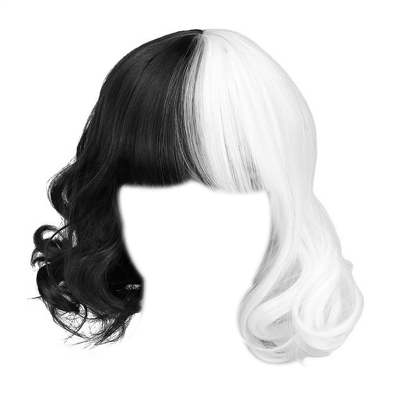 Peluca corta con flequillo para mujer, hasta el hombro cabellera ondulada, corte Bob, rizada, color blanco y negro