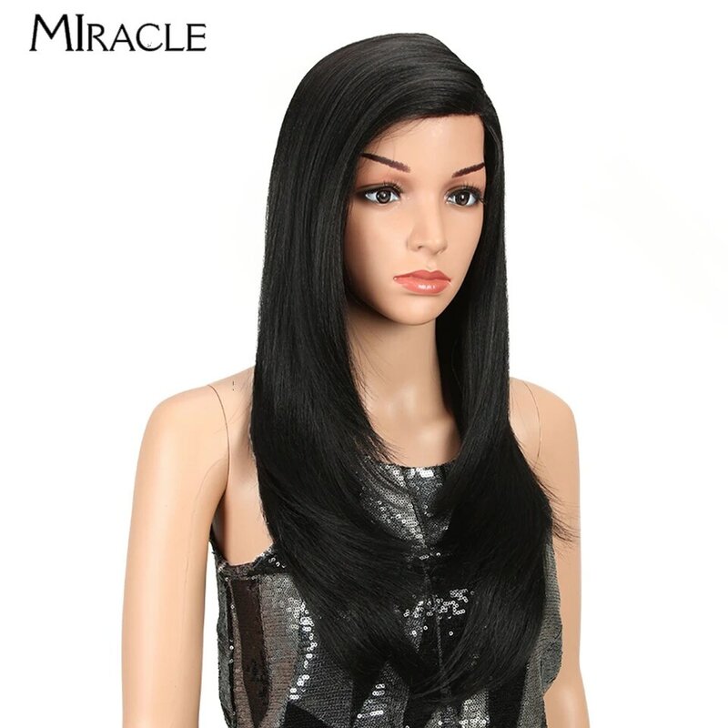MIRACLE Long Straight Lace Front Wig 24'' Side Part Synthetic Lace Wig for Women Black Ombre Pink Wigs Cosplay Heat Resistant