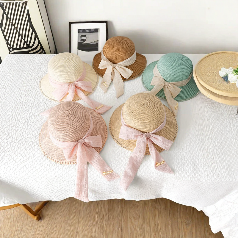 Baby Hat Round Bag Two-piece Set  Summer Girls Fisherman Hat Straw Hat Bow Coin Purse Multi-color A Vailable