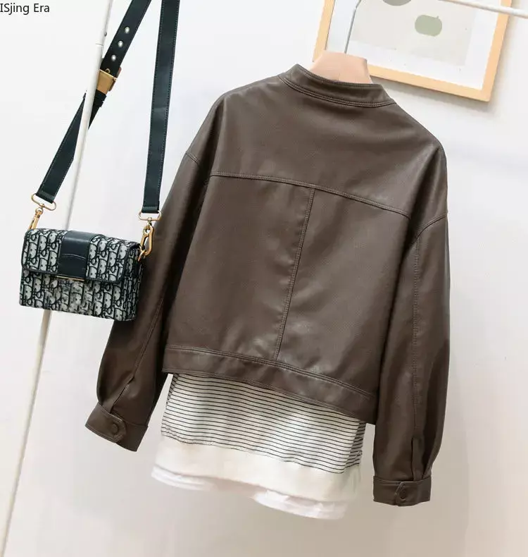 Женская кожаная куртка с воротником-стойкой, свободная приталенная куртка из искусственной кожи, M1, новинка 2023