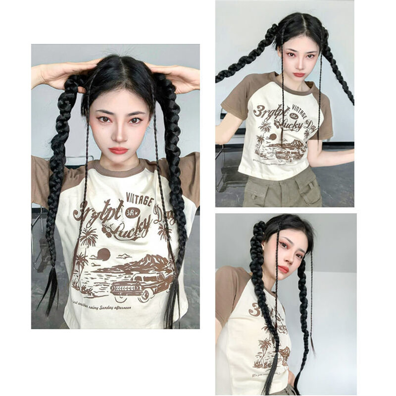 70cm Synthetic Braids Ponytail with Elastic Rubber Bands Hip Hop Boxing Braids Braided Ponytail Extension Black Hairpieces