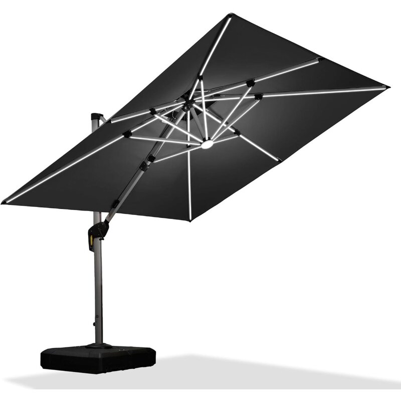 더블 탑 디럭스 태양광 발전 LED 직사각형 우산, 야외 시장 우산, 네이비 파티오 우산