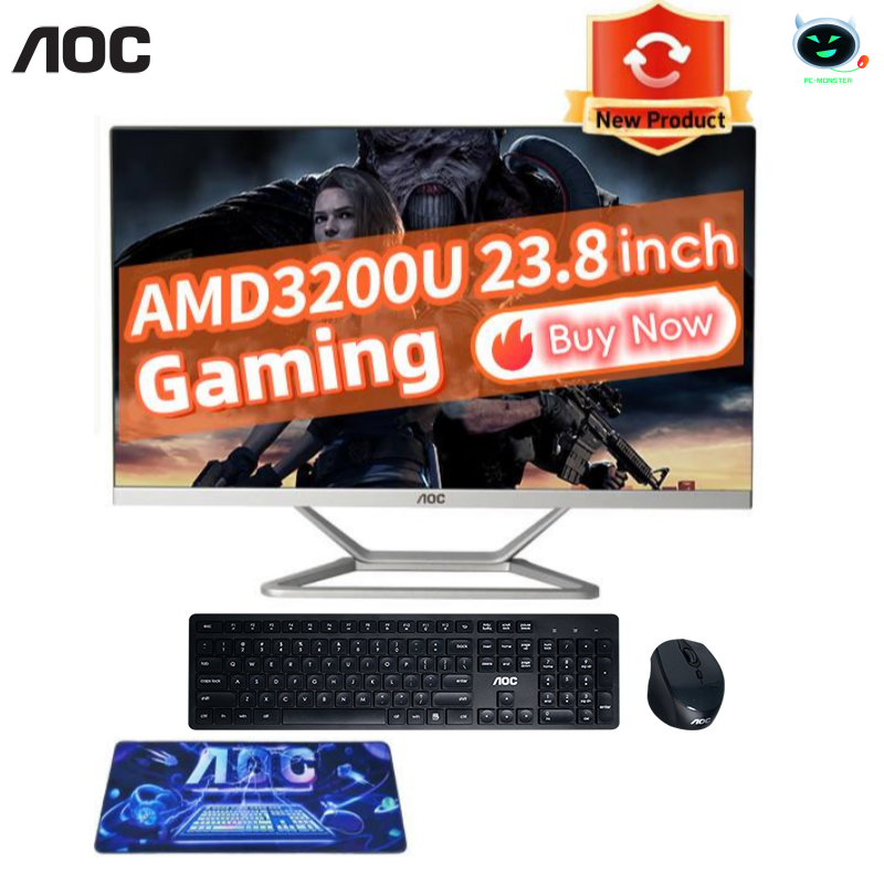 AOC 올인원 컴퓨터 23.8 인치 AMD 3200U 16G 512G 데스크탑 게이밍 조정 AIO 홈 오피스 게임 컴퓨터, 조정 가능한 신제품