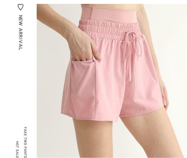 Shorts esportivos de cintura alta feminino, calções casuais de corrida de ginástica de verão, cores falsas de duas peças