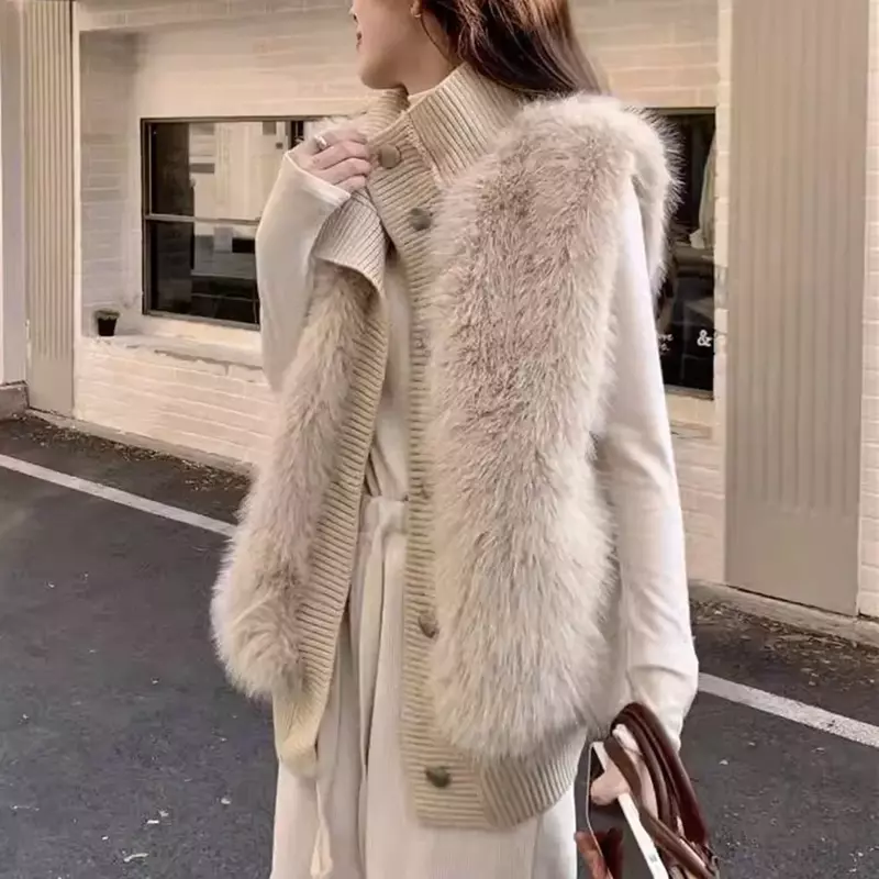 Casaco feminino sem mangas de pele sintética de malha de inverno, suéter de peito único, elegante casaco grosso quente, jaqueta casual, novo, 2023