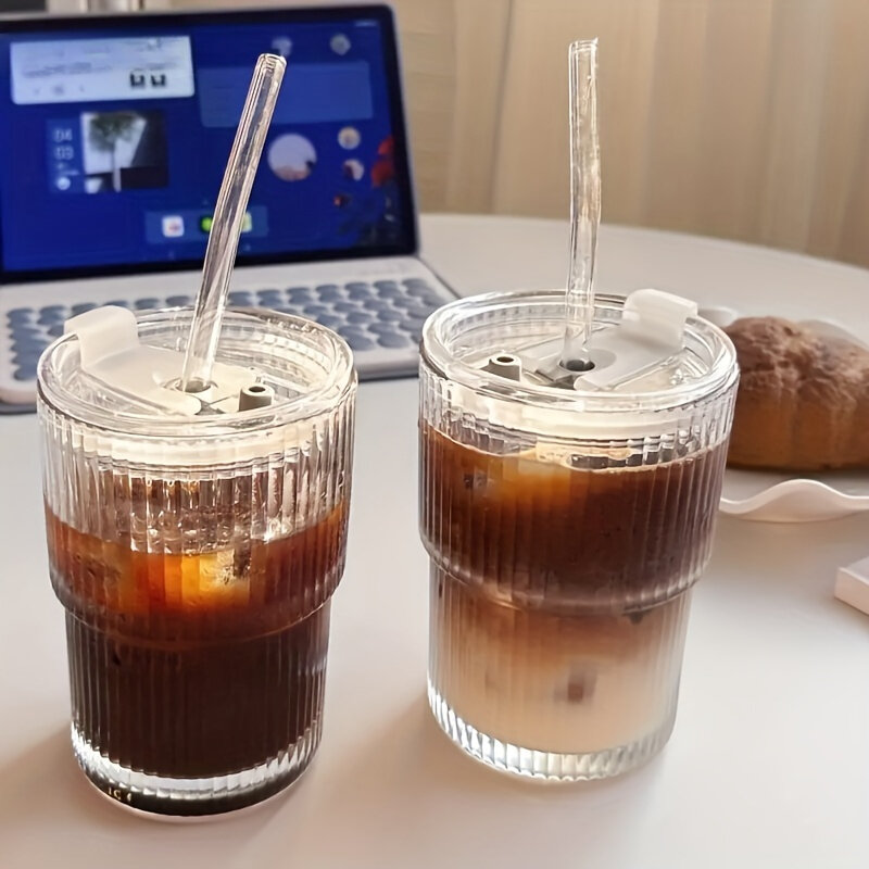 1pc 450ml Stripe Glass Cup Transparent Glasses With Lid and Straw Ice Coffee Mug Tea Cup Juice Glass Milk Water Cup Drinkware