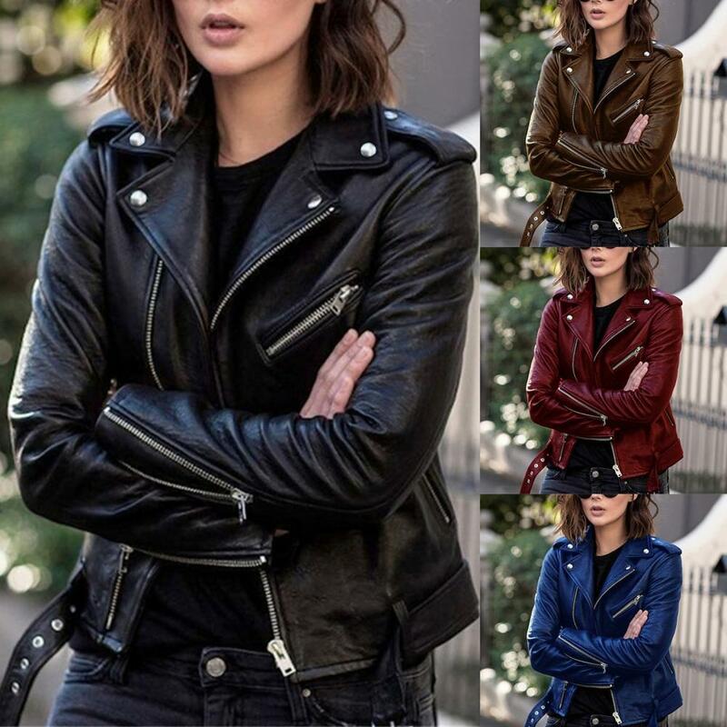Popular  Autumn Jacket Women Turndown Collar Belt Jacket Solid Color Streetwear Faux Leather Coat for Party