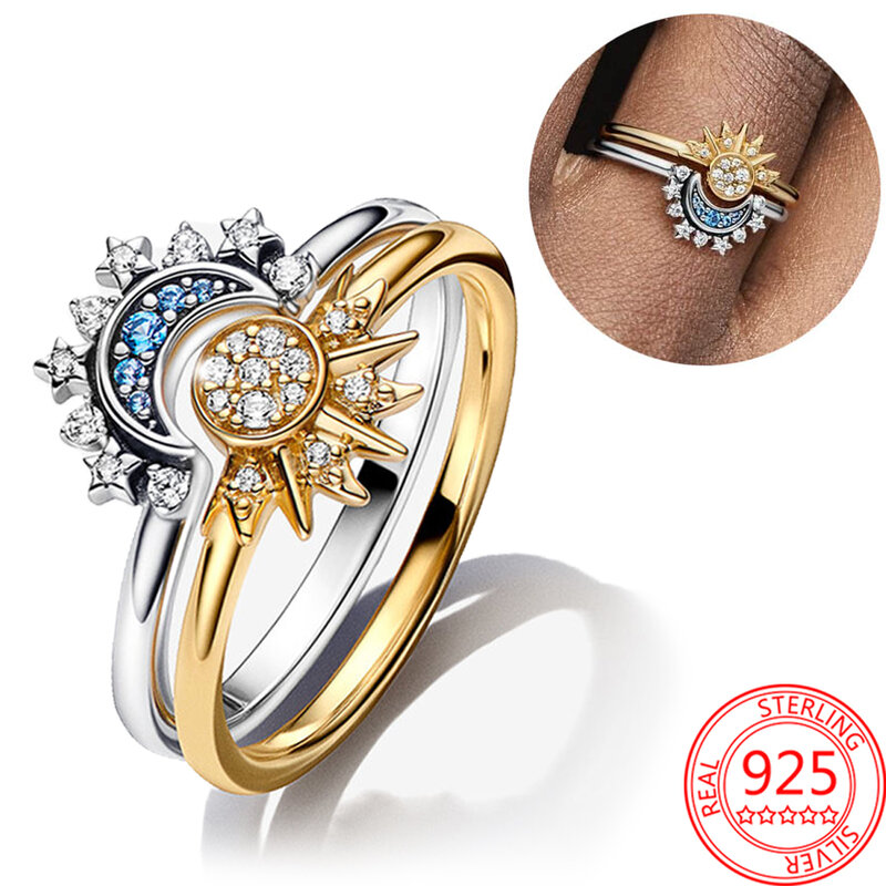 Gorąca wyprzedaż 925 srebrny niebiański niebieski pierścionek z błyszczącym księżycem oryginalny pierścionek z biżuterią dla pary markowy pierścionek