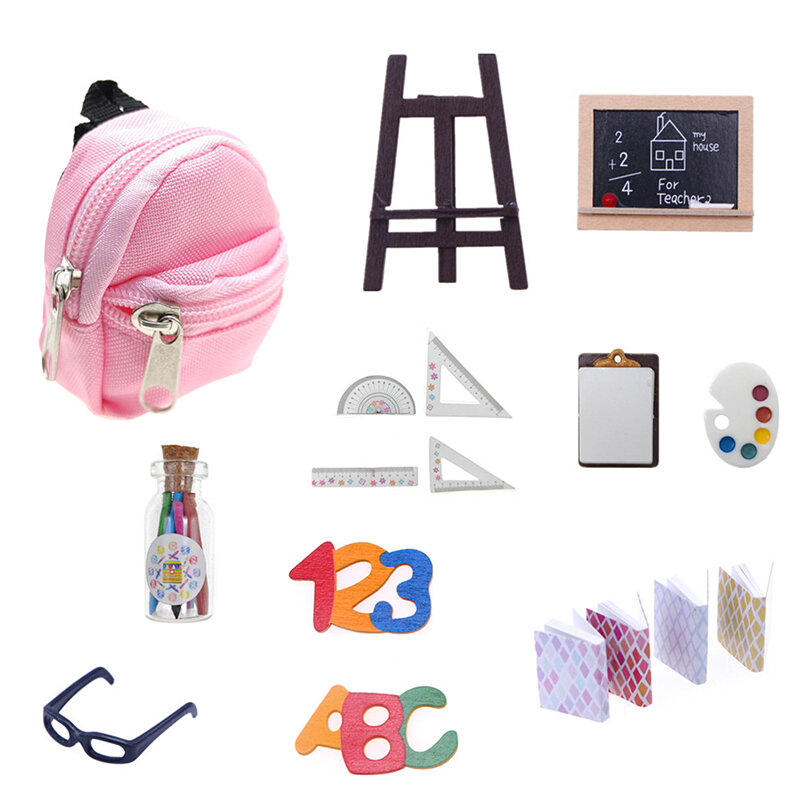 Casa de muñecas en miniatura, suministros de papelería escolar, regla, Bolsa Escolar, lápiz, soporte para pizarra, gafas, modelo de decoración, juguete, 1 Juego, 1:6