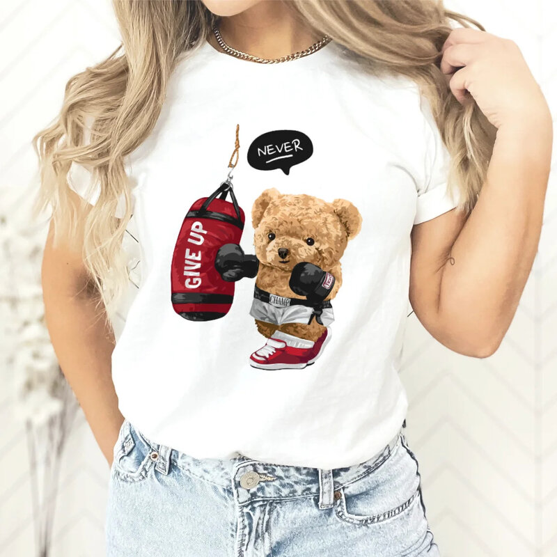Nieuw Paar Teddybeer Print T-Shirt Europa En De Verenigde Staten Mode Ronde Hals Top Vrouw Tops Oversized T-Shirt Harajuku