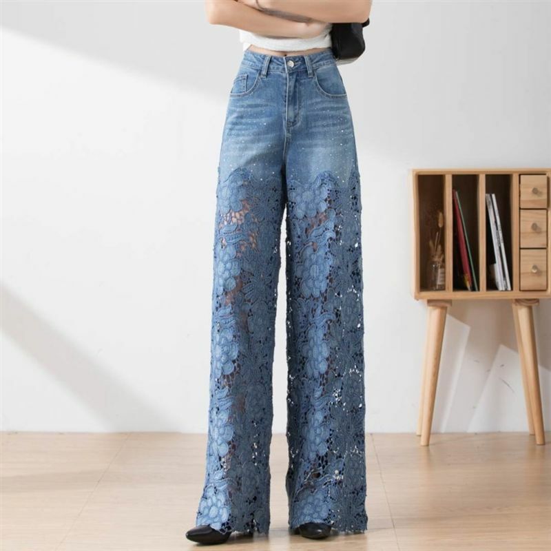 Jeans da donna di moda 2024 nuova estate pantaloni a gamba larga in Denim con cuciture in pizzo traforato a vita alta pantaloni dritti femminili