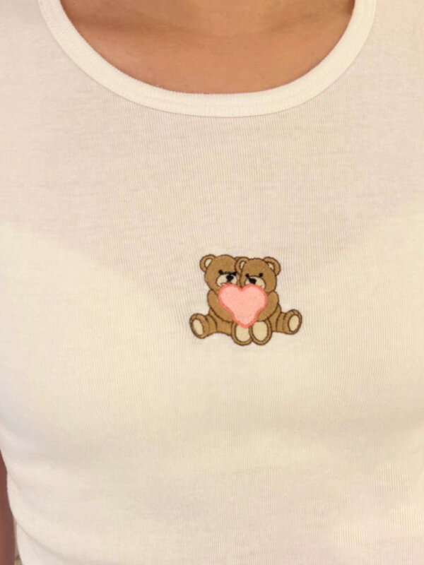 Cotton Little Bears Heart Embroidery T-shirt Women Y2k Clothes Short Sleeve Slim Tee Top Summer Casual Sweet Cute Tank Tops Y2k