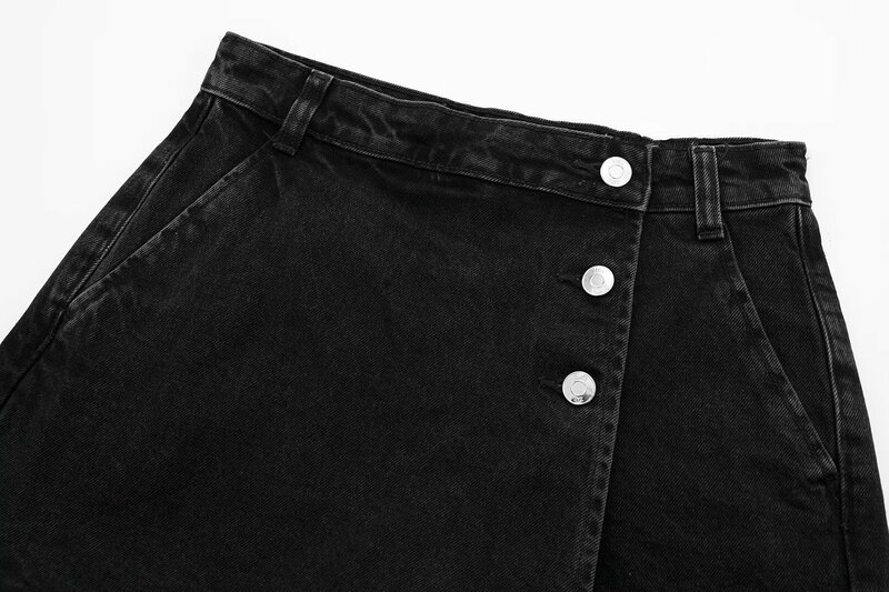 กระโปรง celana pendek DENIM ลำลองตกแต่งติดกระดุมแฟชั่นใหม่2024สำหรับผู้หญิงกระโปรงมีกระเป๋าสำหรับผู้หญิงข้างเอวสูงย้อนยุค