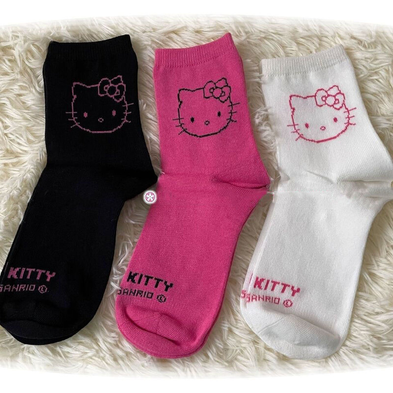 Y2K Hello Kitty ถุงเท้าหญิงถุงเท้าขนาดกลาง Kawaii Sanrio Hello Kitty อุปกรณ์เสริมถุงเท้า Rosered สีดำสีขาวถุงเท้าผู้หญิงหญิง
