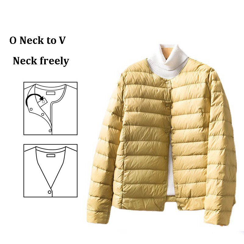 Abrigo de invierno para mujer, chaqueta de plumas ligera y lisa con botones, cuello redondo, cuello en V, informal, color blanco, 2022