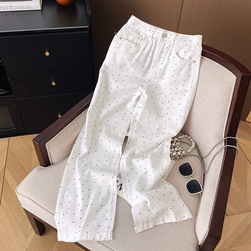 2024 Spring Summer New Korea Fashion Women Cotton Denim Wide Leg Pants All-matched Casual Loose Dot Print White Jeans P661
