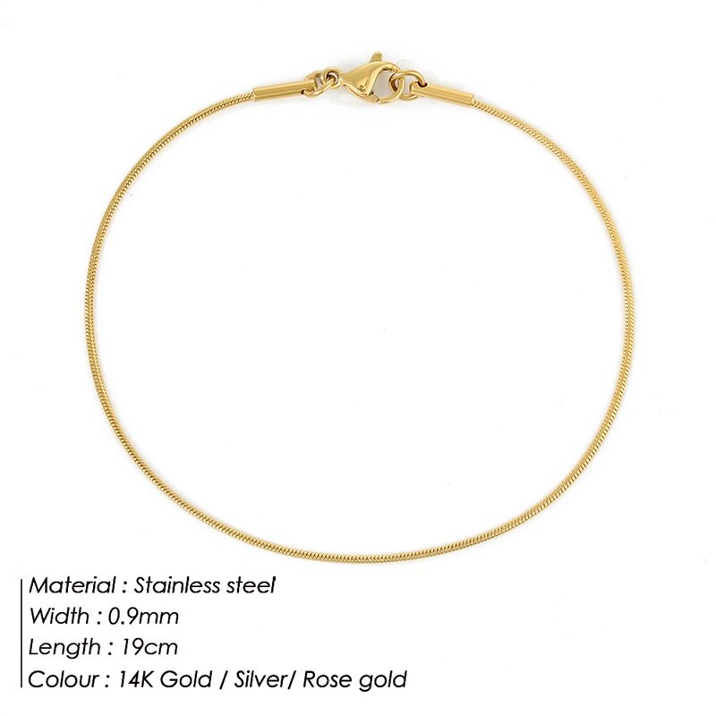 Classic Couples Men Women Gold Color Bracelets for Women Stainless Steel Thin Snake Link Chain Lobster Clasp Snap Button Jewelry