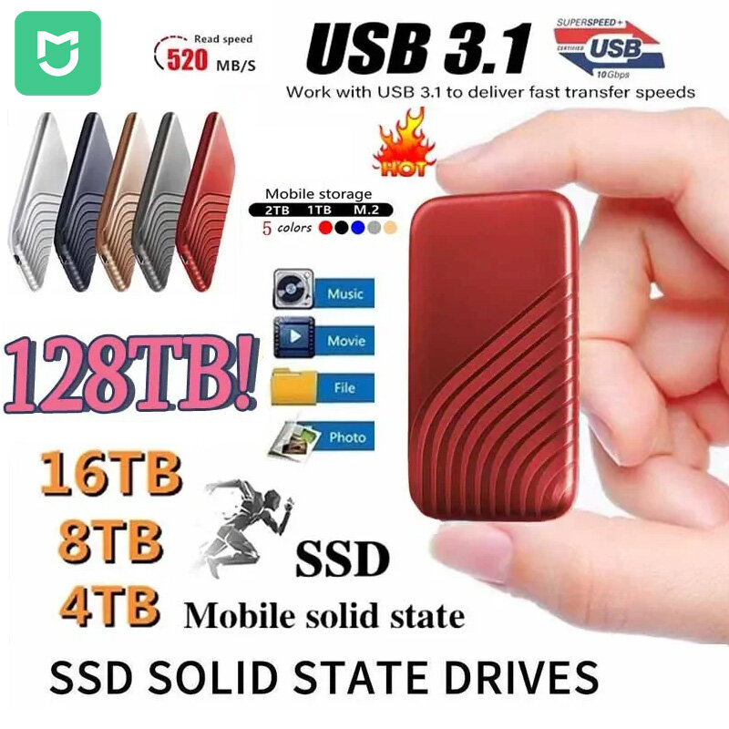 휴대용 오리지널 고속 SSD 외장 하드 드라이브, 대용량 저장 장치, USB 3.0 인터페이스, 노트북 및 컴퓨터용, 500GB, 1TB, 2TB, 128TB