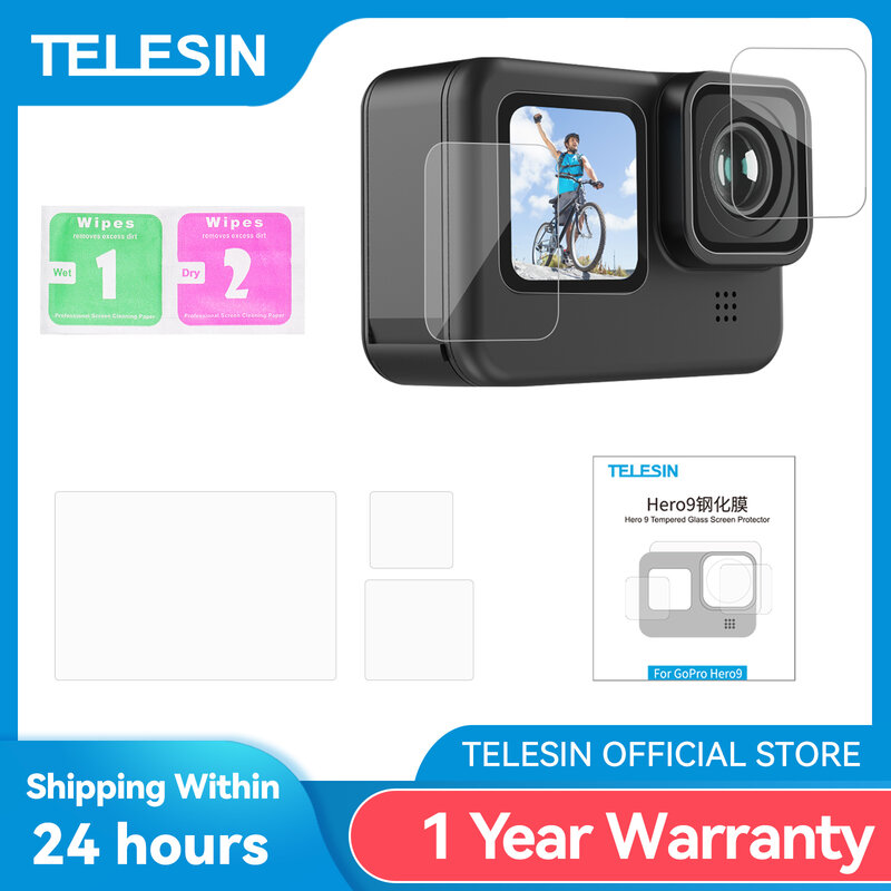 TELESIN-Protector de pantalla de vidrio templado para GoPro Hero 12, 11, 10, 9, película protectora de lente negra, accesorios para GoPro