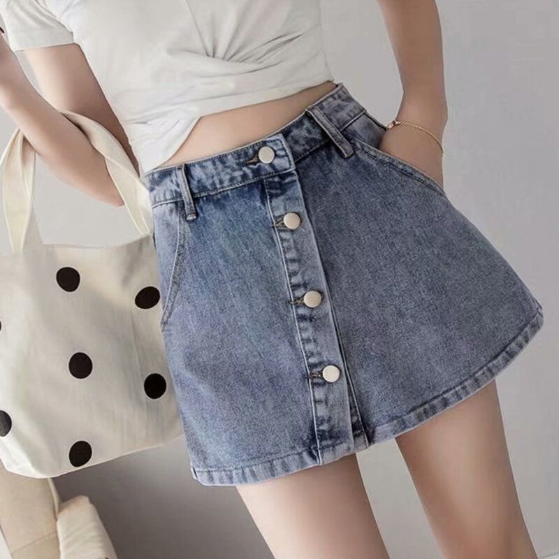 Feynzz moda nuove donne estive bottone a vita alta pantaloncini di Jeans a gamba larga pantaloncini di Jeans blu larghi femminili casuali