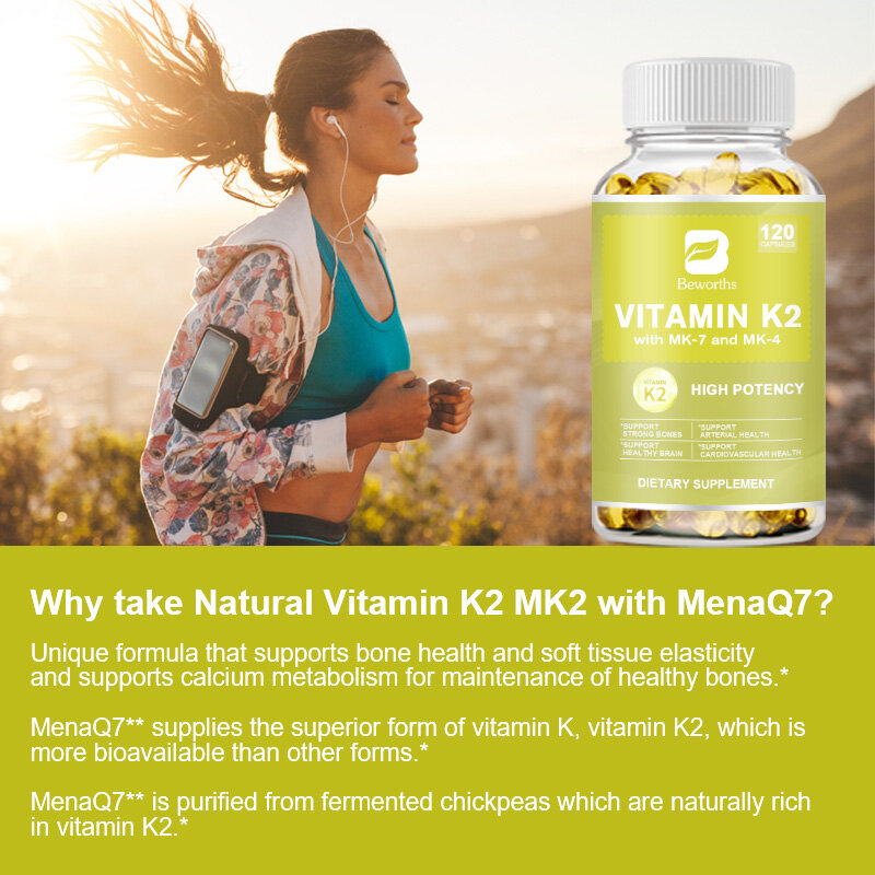 La capsula di vitamina K BEWORTHS contiene sia la salute ossea MK4 che MK7 che il metabolismo del calcio aiutano la salute del cuore e cardiovascolare vitamina K2