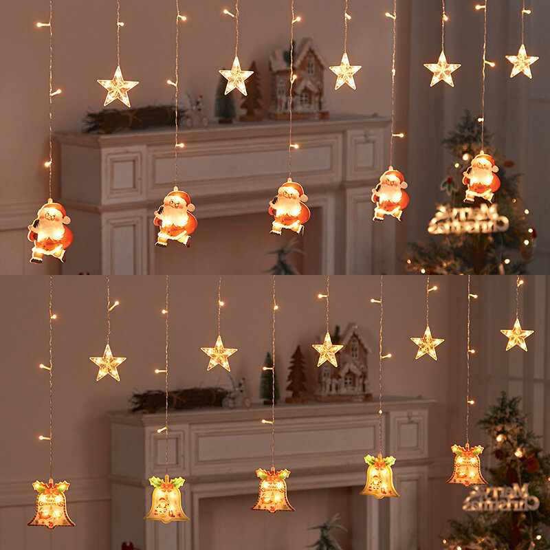 Cortina de luces Led de decoración navideña, colgante de copo de nieve de Papá Noel, ambiente de ventana, arreglo de escena, cadena de luz de lámpara cálida