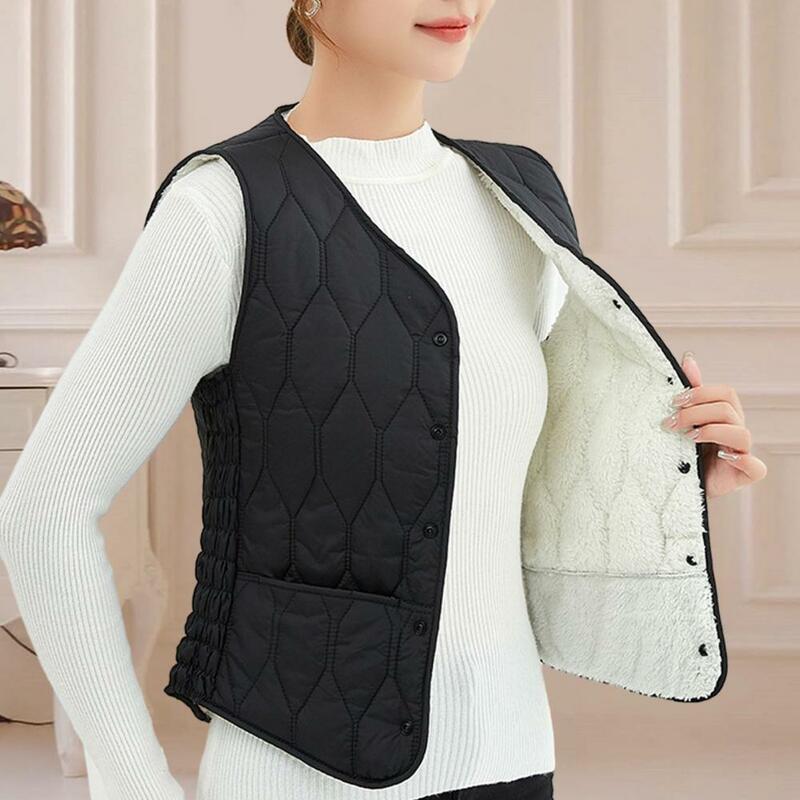 Warm Women Vest Stylish Women's V-neck Waistcoat Soft Padded Slim Fit Winter Vest with Warm Pockets Fashionable for Fall