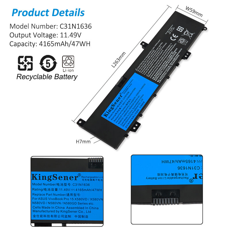 KingSener-Batería de ordenador portátil C31N1636 para N580VN, N580VD, NX580V, X580V, X580VN, X580GD, N580VD, N580VD, NX580VD7300, NX580VD7700, 47WH